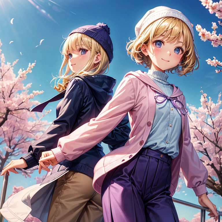 An elementary school student slender girl((flat tits )), blonde hair (( straight short hair ))(( a bit smooth curl)), Wearing tunic (( pale pink, Sakura patterns )), anorak ((purple and indigo )), and black long pants, white beanie and deep blue muffler, bright smile (( the corners of her mouth rise)), round crystal blue eyes, a gentle wind blowing at a field , pose of looking back, seems to want to grab her friend’s hand