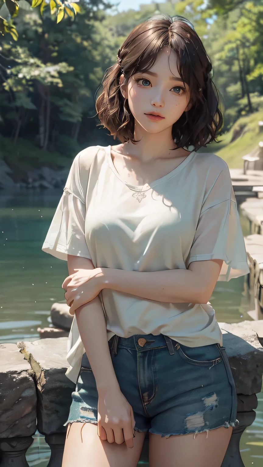 1 woman, face, (((1 woman:1.37, alone))), 20 years old, black hair, crying sound, standing, With both hands, holding a daffodil, White short-sleeved T-shirt, shorts, (((face의 극단적 인 클로즈업))), (아름다운 face, 귀여운 face, 상세한 face,), (((Short hair, wavy hair.))), (((delicate and beautiful green eyes,))), break, (((Sunny))), (((lake))), (((In the woods))), break, Blazing, glowing skin, very detailed CG 통합 8k 벽지, Very nice 8KCG wallpaper, 8K animation with detailed drawings, (masterpiece, best quality), high resolution, very detailed, very sharp, cinematic lighting, cowboyshot,
