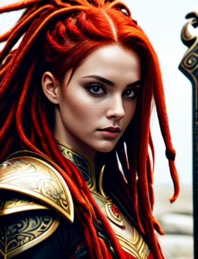 master piece, extreme close-up, character creation, hyper-detailed, hyperrealistic, beautiful woman, her name is "Vendetta". red-haired woman, ((red hair)), (long hair with dreads, long dreads, head of dreads), ((red hair): 1.0), with expressive brown eyes, delicate upturned nose, softly outlined lips, well-defined eyebrows and red hair falling in soft waves over her shoulders. Highlight the radiant and friendly facial expression, providing a unique and captivating look. Vendetta wears elegant and tough armor, consisting of golden plates intertwined with red accents, reflecting her bravery and passion. Her helmet, adorned with red feathers, frames her face, highlighting her determination. She carries a sharp-bladed sword, ornamented with ancient runes, and a flowing red cape that adds a touch of majesty to her warrior bearing."