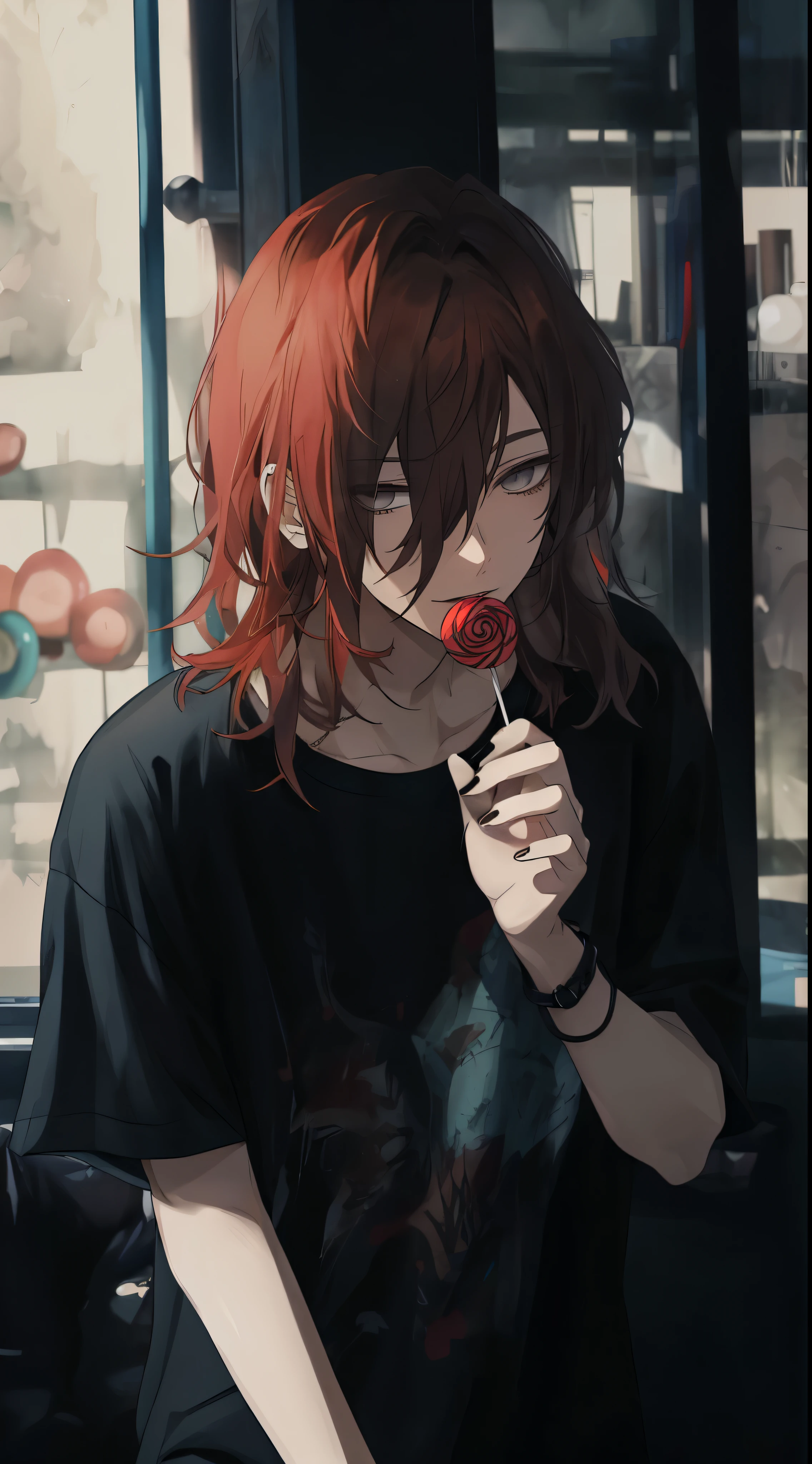 ((gray eyes)),  closed mouth, beautiful eyes, jewel-like eyes, thick lips, beautiful young man, redhead, shoulder length hair, long eyes, lollipop, Black casual clothes, Monotone room,high quality, Amount to draw, pixiv illustration