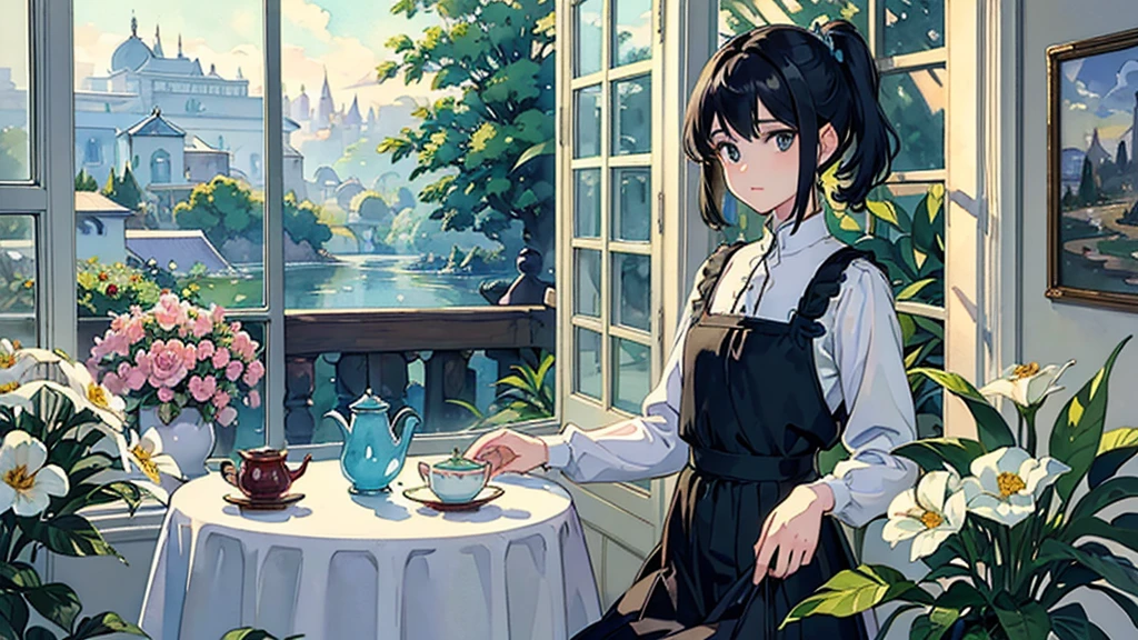 ((Watercolor by singer Sargent))、(top-quality、masterpiece)、1girl in、17 years old、A stunning、Short black hair、Black eyes、tiny chest、校服、long skirt、glasshouse、Flower Shop、The table、florals、tea set、window、aquarium、houseplant、 The tree,Soft light、