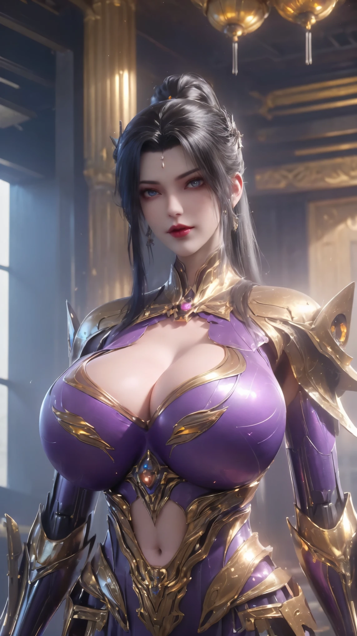 UPPER BODY,SOLO,(PHOENIX GOLD HELM), (GIGANTIC FAKE BREAST,CLEAVAGE,MUSCLE ABS:1.5), (PURPLE SHINY FUTURISTIC MECHA SCI-FI CROP TOP:1.3), (BLACK MECHA SKINTIGHT LEGGINGS:1),(SLENDER BODY MATURE WOMAN), SWEATY BUSTY BODY, (LOOKING AT VIEWER:1.3),(PORTRAIT:0.8),(HALLROOM OF FUTURISTIC SPACE STATION:1), (PHOTOREALSITIC:1.4), (ULTRA-DETAILLIERT), (TOP-QUALITY), (BEST SHADOWS), (​MASTERPIECE), BRIGHT LIGHT IN ROOM, HYPER TEXTURE, (4X MSAA), ((UNREAL ENGINE 5 RENDER)), PHYSICALLY-BASED RENDERING, ULTRA HIGHT DEFINITION, 16K, 1080P.