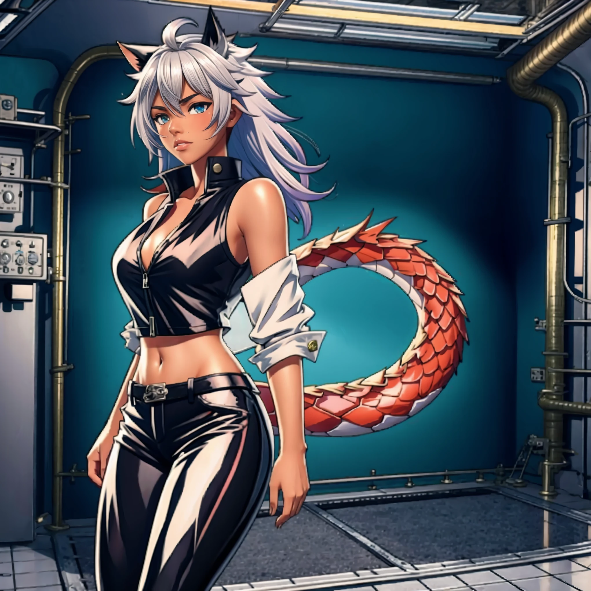 8k, resolution, high quality, high resolution, best quality, extremally detailed, best resolution, absurd resolution, ray tracing, high detailed, masterpiece, extremely detailed,shoulder length white hair, female,2 white wolf ears, teenage girl, slim body,white scale dragon tail, military boots,black leggings, navel blue school skirt, sailer shirt,black bullet proof vest,white jacket, medium size chest, detailed blue eyes, detailed beautiful face,solo female,1 dragon tail, detailed eyes, tomboyish, dragon tail, white scales,MP5