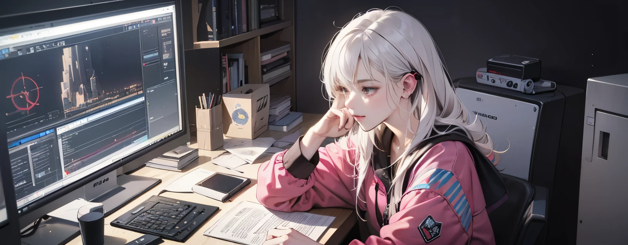 (commend), girl studying at table, white hair, read a book, Wearing earphones, night light, Neon landscape on rainy day, Simulates a color theme, Lo-fi hip-hop, flashback, flat lay, 2.5D , line art, ink painting, Large ink lines, watercolor, Gouache pigments, Studio Ghibli style, colorful, outerturn, Synthwave, Lofi Art, 90s style, Old textures, spacious, 90s atmosphere, masterpiece, Massive skills