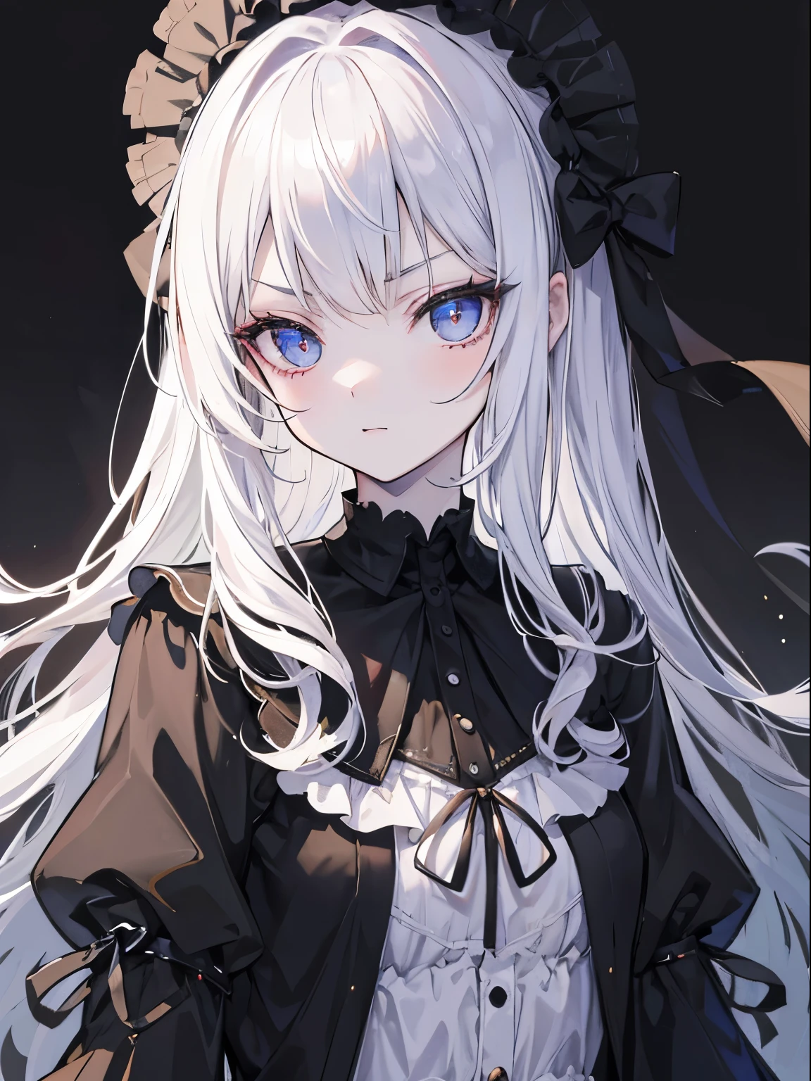 masutepiece, Highest Quality, (Perfect face:1.1), (high detailing:1.1), (ultradetailed eyes), Dramatic, superfine illustration, Extremely detailed, 1girl in, (pale skin), Soft expression, Hair on long black background, Ethereal eyes, (light eyebrow), {((Happy))}, Solo, Long hair, Pouty lips,Cinematic lighting, Looking at Viewer, Cowboy Shot, Gothic ta, frilld, bow ribbon,Head dress, Black,Room,Black Room