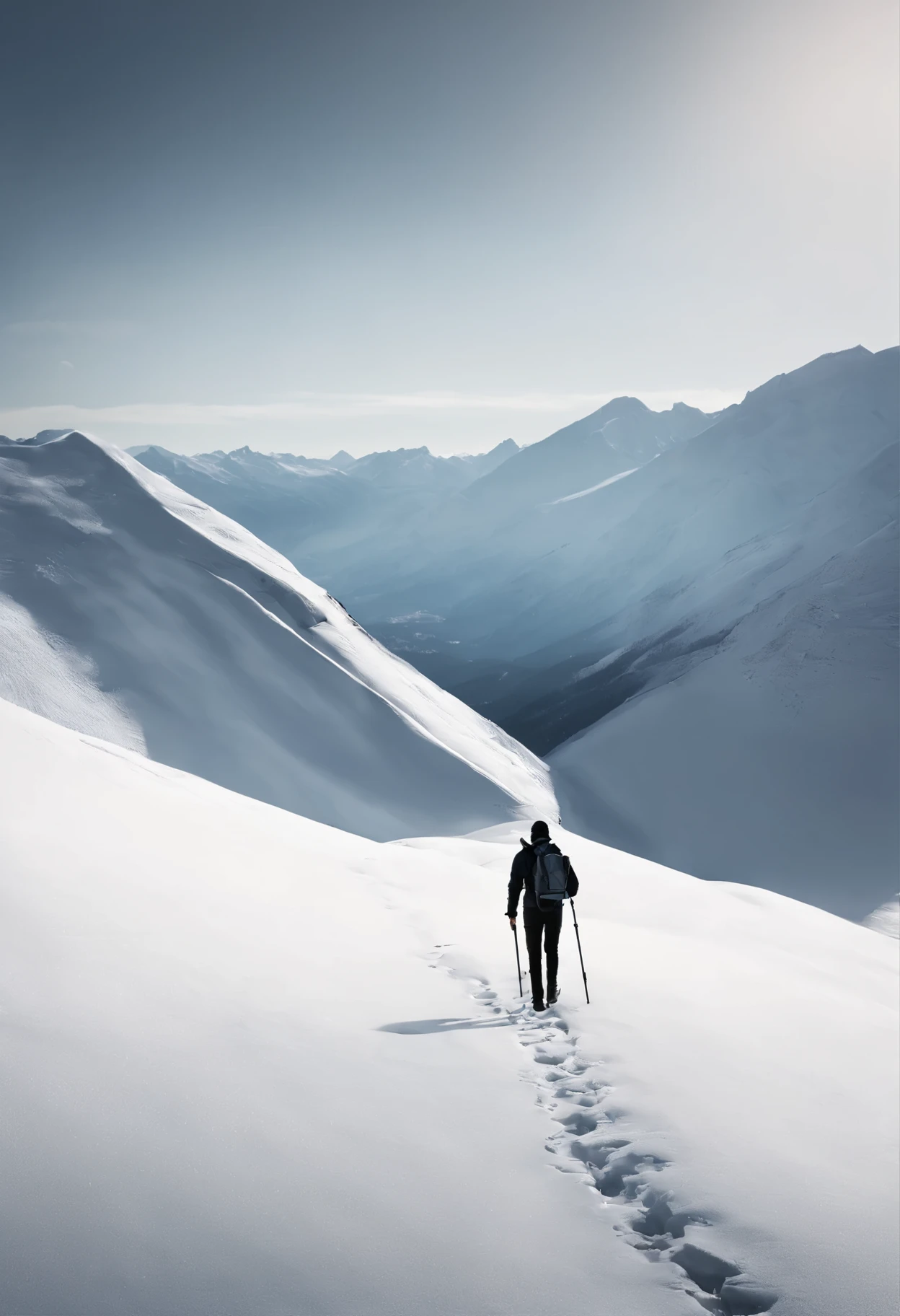A lone traveler trekking through snow-capped mountains, with a backpack and walking stick, surrounded by breathtaking vistas