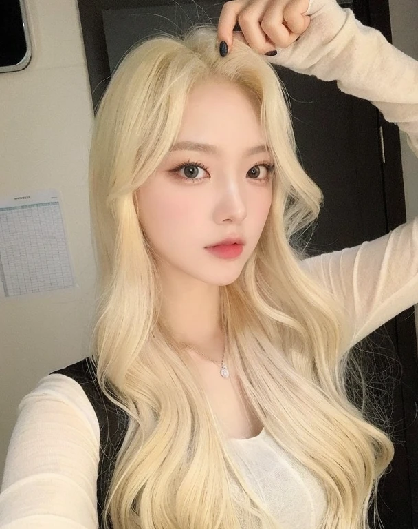 Un primer plano de una mujer con el pelo largo y rubio y una camisa blanca, pelo largo y rubio y ojos verdes grandes, ulzzang, pelo largo y rubio y ojos verdes grandes, hermosa mujer surcoreana, con pelo largo y blanco, jaeyeon nam, muchacha coreana, parque roseanne de blackpink, heonhwa choe, con el pelo largo y blanco, Jinyoung Shin, hermosa joven coreana