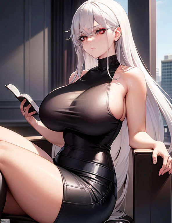 (Best quality, 4k, Masterpiece :1.3, 8k, ultra-detailed, ultra-masterpiece), mature pretty woman, ultra-detailed face, detailed lips, full lips, detailed eyes, double eyelid, wide hips, thick thighs, smooth skin, (big breasts:1.4), white hair, ((red eyes)), ((thicc body)), tall, skinny jeans and a black leather jacket over a white tank top, (Reading a book in a room), sitting in a chair, reading a book in a room, background window with several buildings in the background