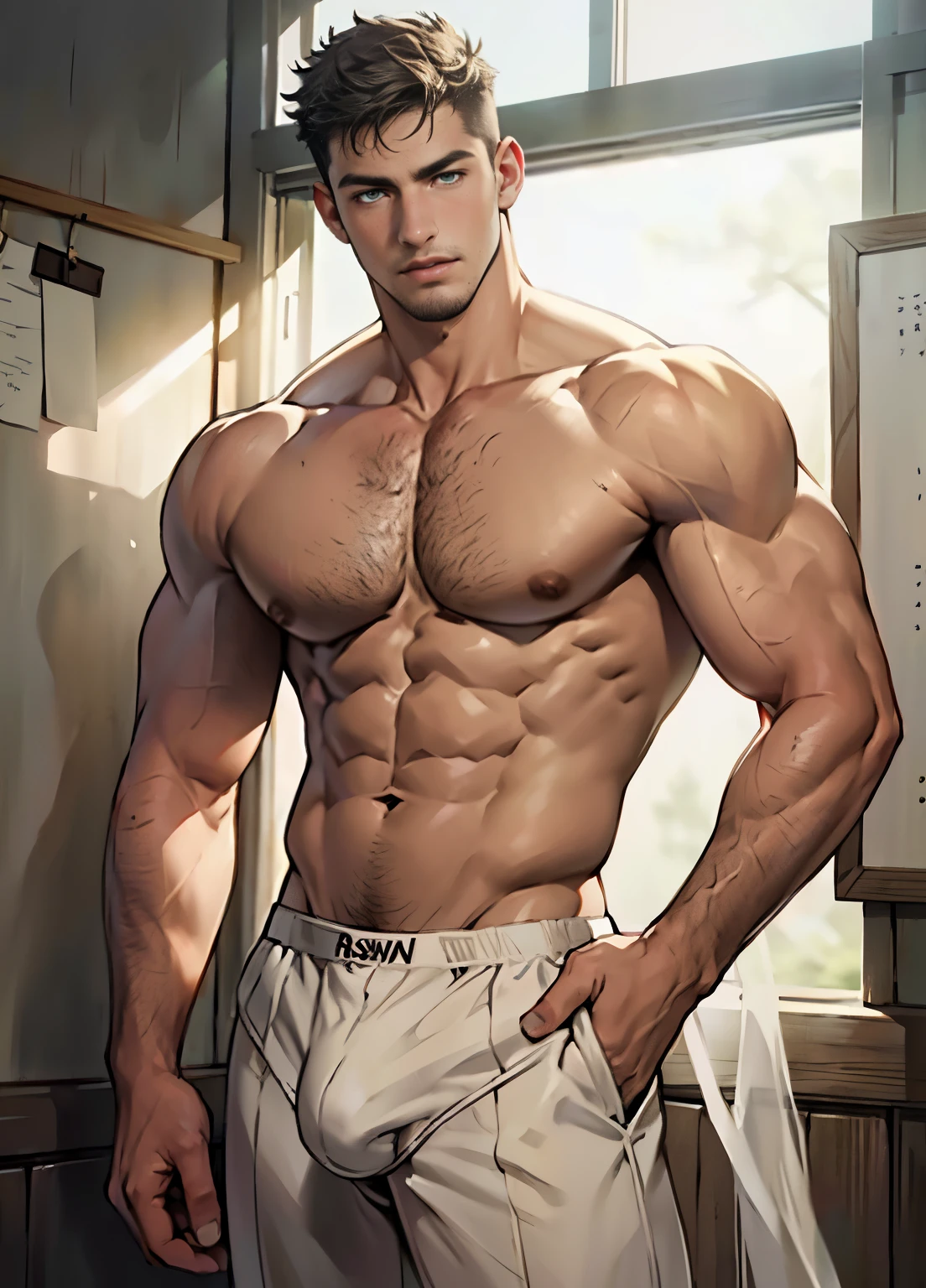 (RAW photo, best quality), (realistic, photo-realistic:1.3), masterpiece, an extremely manly and masculine, extremely detailed, pietroboselli person, tan skin, detailed fingers, extremely detailed eyes and face, beautiful detailed nose, beautiful detailed eyes, light on face, looking at viewer, (1man, mature face), realistic face, realistic body, underwear, shirtless, big bulge on underwear, big rounded ass