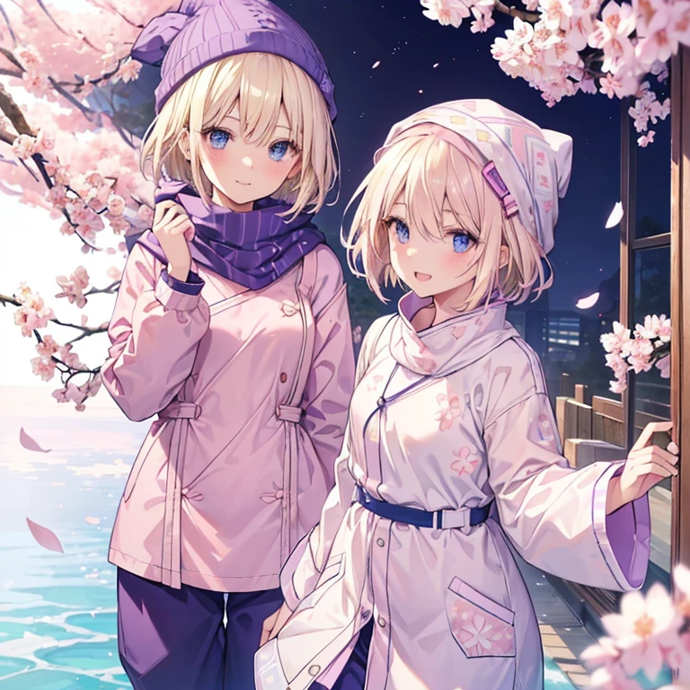 A 22 years old college student slender girl(( )), blonde hair (( straight short hair ))(( a bit smooth curl)), Wearing tunic (( pale pink,  Sakura patterns )), anorak ((purple and indigo )), and black long pants, white beanie and deep blue muffler, bright smile (( the corners of her mouth rise)), round crystal blue eyes, pose of looking back, seems to want to grab her friend’s hand 