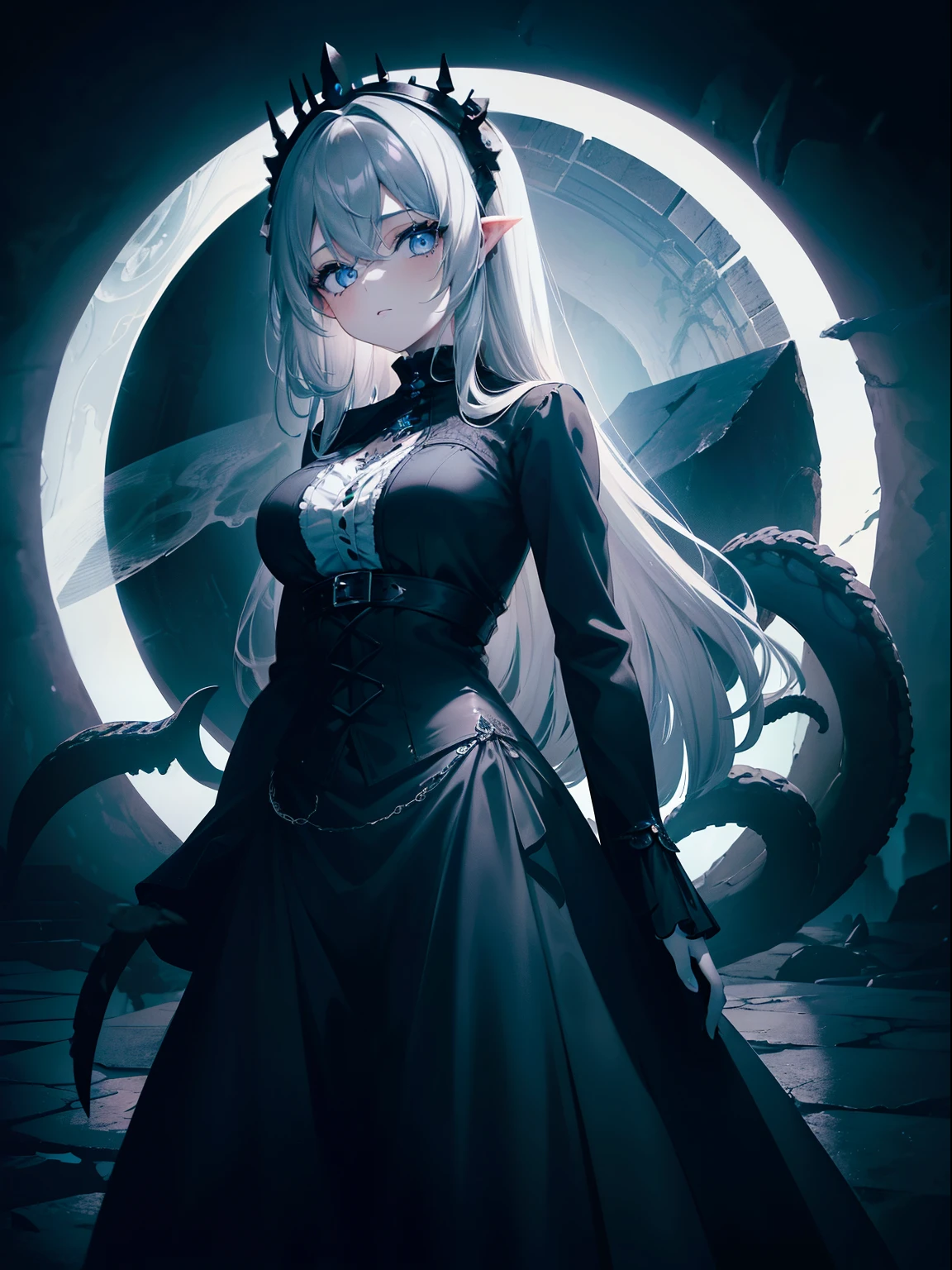 (Masterpiece, Best quality, ultra high resolution),1girl,grey hair,hair over eye,gothic dress, beautiful and detailed face, detailed eyes,in ancient black stone ruin,(with a giant portal in the background, tentacles coming out of the portal, dark blue portal),(grey and blue theme)