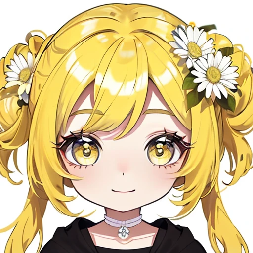 Creating a masterpiece with the best quality – an expressive, happy-faced Chibi girl with yellow hair and yellow eyes, showcasing a perfect face. The theme revolves around Daisy, incorporating a flower in her hair for that extra touch White Background.