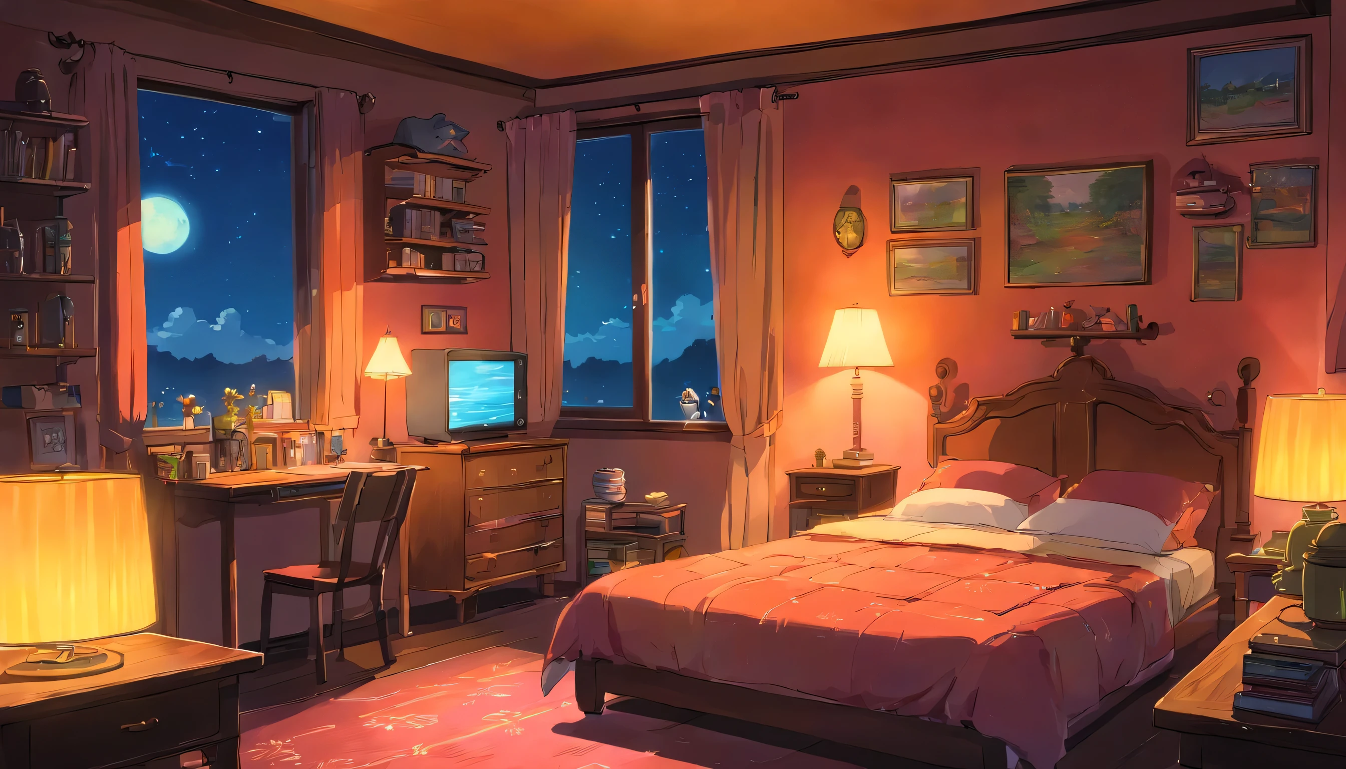 cozy room at night, Usando fones de ouvido, Anime estilo 2D, Lo-fi, disco Rigido, Ambiente escuro