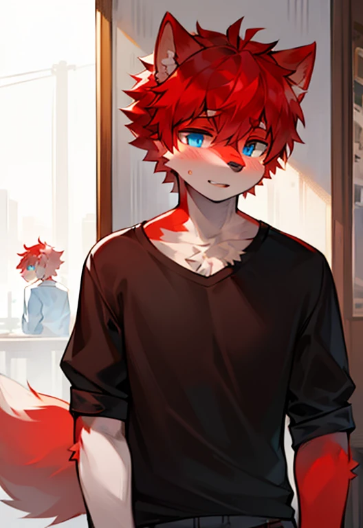 a boy, Wolf, White and red fur, juvenile, blue eyes, messy hair, white and red hair, short hair,red ears,Red tail,masterpiece, Very detailed,black nose,Casual Clothing