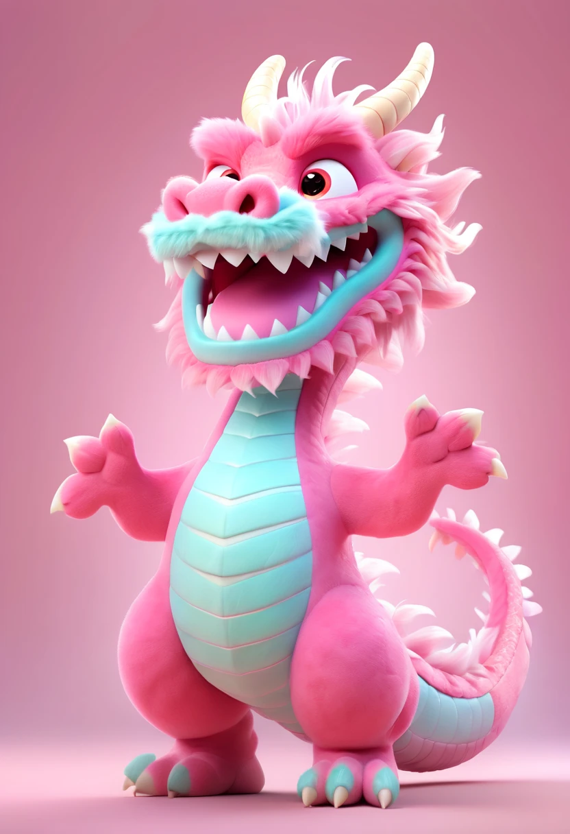 Pixar animation style, a pink red Chinese dragon, made of cotton candy material, with a happy expression. The background of the ID photo is pink, with a half side composition. Standing, the whole body is centered, hard light, strong light sense, c4d, 8k, high-definition quality 