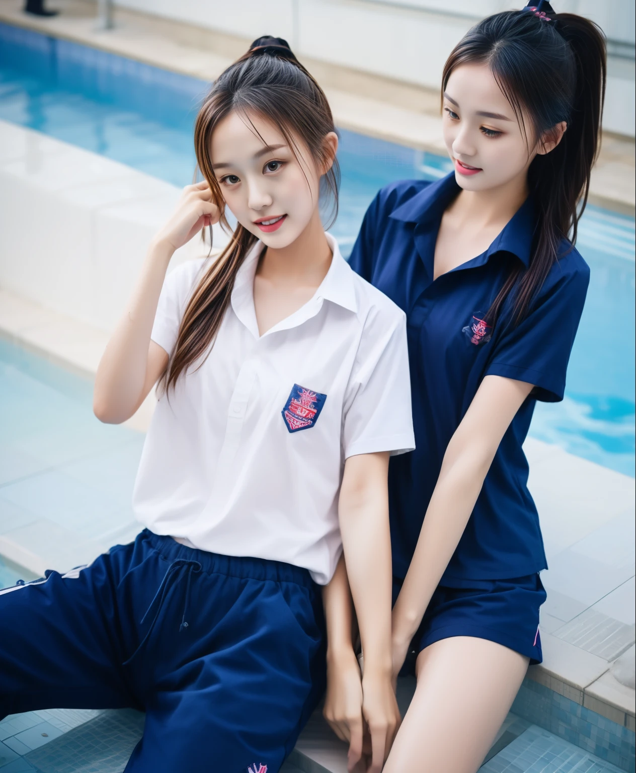 2 girls in the swimming pool, Navy blue short-sleeved shirt,Navy Long Trackpant,Sweatpants, Sweatpantsขายาว,25 year old girl, lesbian, sexy, exercise clothes, wet body