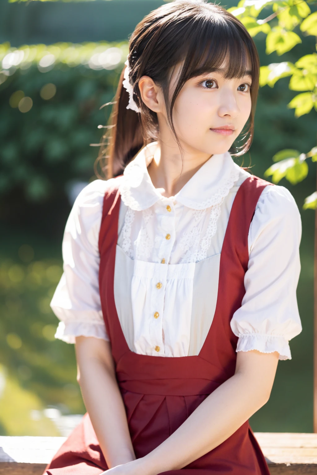 ((in the dark, in the dim place, dark sky, deep mountain pass, trees, dark sky)), (((round face))), (blush, drooping eyes), ((bending to open legs, showing off her light pubic hair and genitals)), young woman, white summer shirt, ribbon, pleated skirt, crouching, one thick braid, shoes, 