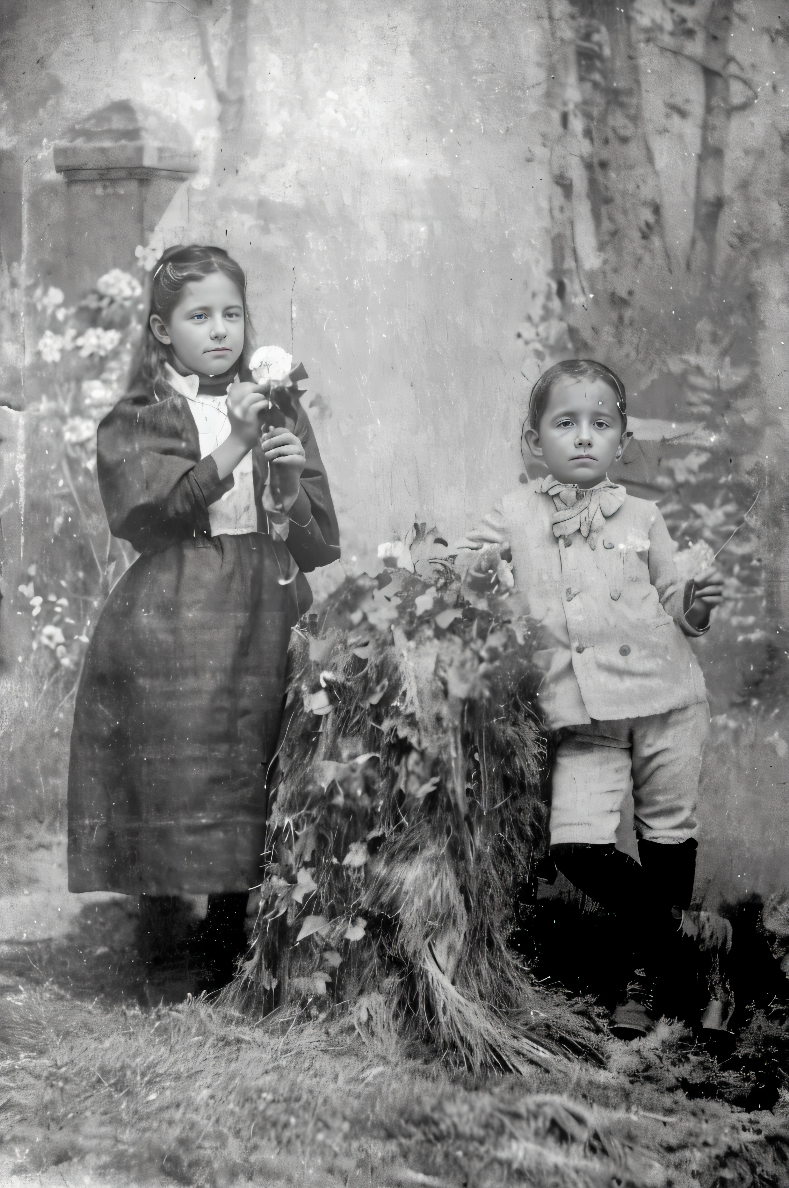 There are two children standing next to each other in a field, Foto retro en blanco y negro 1910, Foto victoriana, 1 8 9 0 Photography, polvo Bernath Aurel, Foto victorianagraph, Location unknown, foto antigua, 1905, 1 9 0 5, 1 8 9 0 s Photograph, foto restaurada, 1896