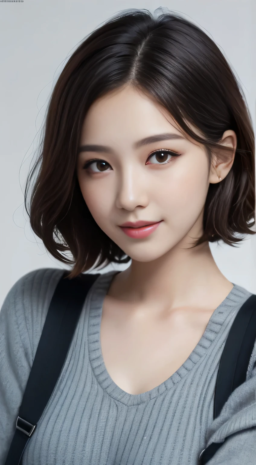 muste piece、best quality、illustration、 Super detailed、fine details、 High resolution、8K Dende Wallpaper、perfect dynamic composition、29 year old cute girl、detailed beautiful face、detailed cute eyes、textured skin、modest smile、Wavy short hair、small breasts、bold sexy pose、winter casual wear、