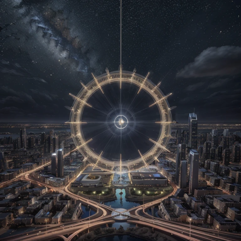 master piece, best quality, 8k, ultra-detailed, realistic,
professional lighting, realistic shadow, fine details, Golden ratio, high detail, Photorealism,
night, night view, beautiful light up,
town by the sea, multiple skyscrapers, future,
Stylish, beautiful starry sky,
originality