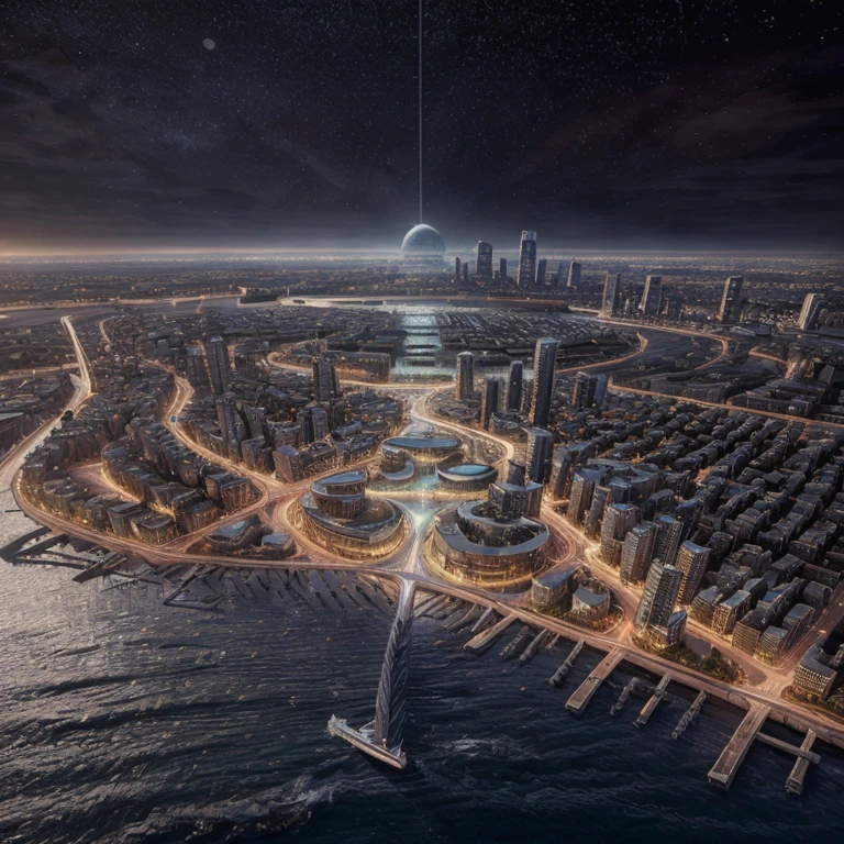 master piece, best quality, 8k, ultra-detailed, realistic,
professional lighting, realistic shadow, fine details, Golden ratio, high detail, Photorealism,
night, night view, beautiful light up,
town by the sea, multiple skyscrapers, future, 
Stylish,  beautiful starry sky, 
originality