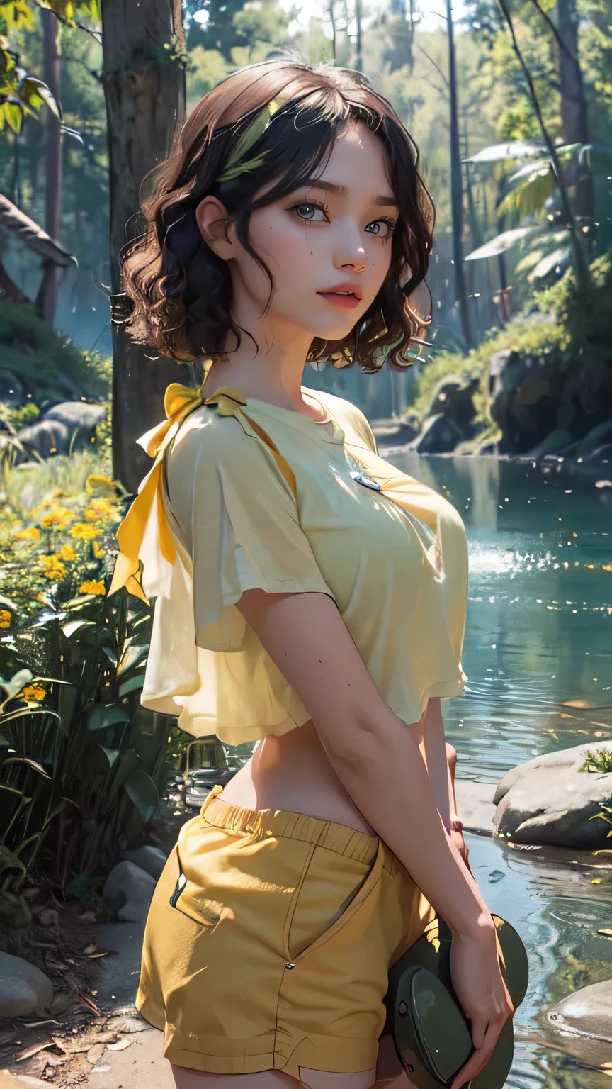 1 woman, face, (((1 woman:1.37, alone))), 20 years old, black hair, crying sound, right, With both hands, holding a daffodil, yellow flowers, white short sleeves, tee shirt, hot pants, beautiful face , cute face , active face,), (((Short hair, wavy hair.))), (((delicate and beautiful green eyes,))), (((Sunny))), (((lake))) , (( (In the woods))), partial, burning, glowing skin, Very durable CG integrated 8k wallpaper, Very nice 8KCG wallpaper, Durable 8K animation, (masterpiece, best quality), high durability, Very durable, very side, acoustic lighting, cowboy shot,