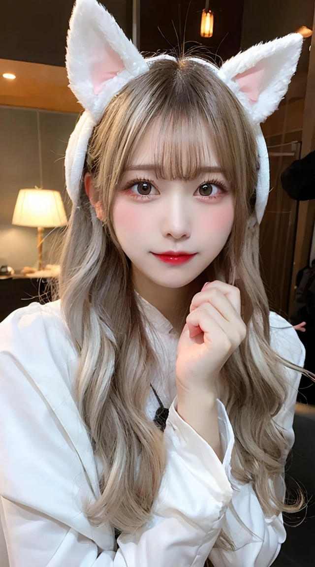 a girl in all white with long blonde hair and cosplay ears, in the style of dark silver and light gray, chinapunk, warmcore, luminous quality, idealized beauty 