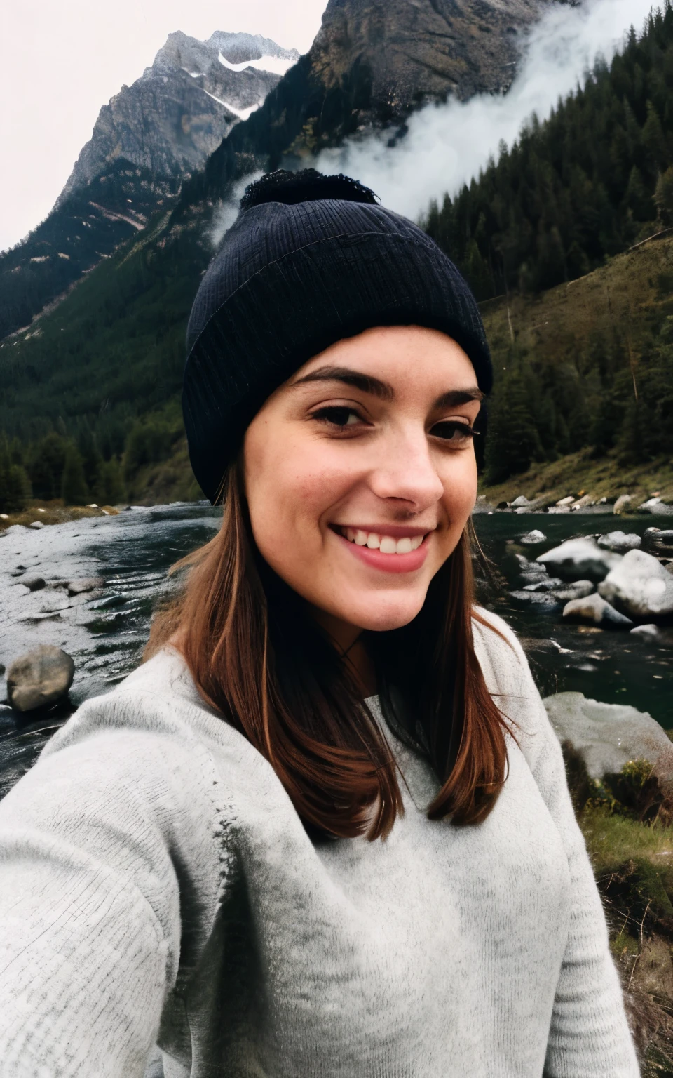 photograph, photo of beautiful woman, selfie, upper body, solo, wearing pullover, outdoors, (night), mountains, real life nature, stars, moon, cheerful, happy, gloves, sweater, beanie, forest, rocks, river, wood, smoke, fog, looking at viewer, skin texture, photo grain, close up, RAW photo
