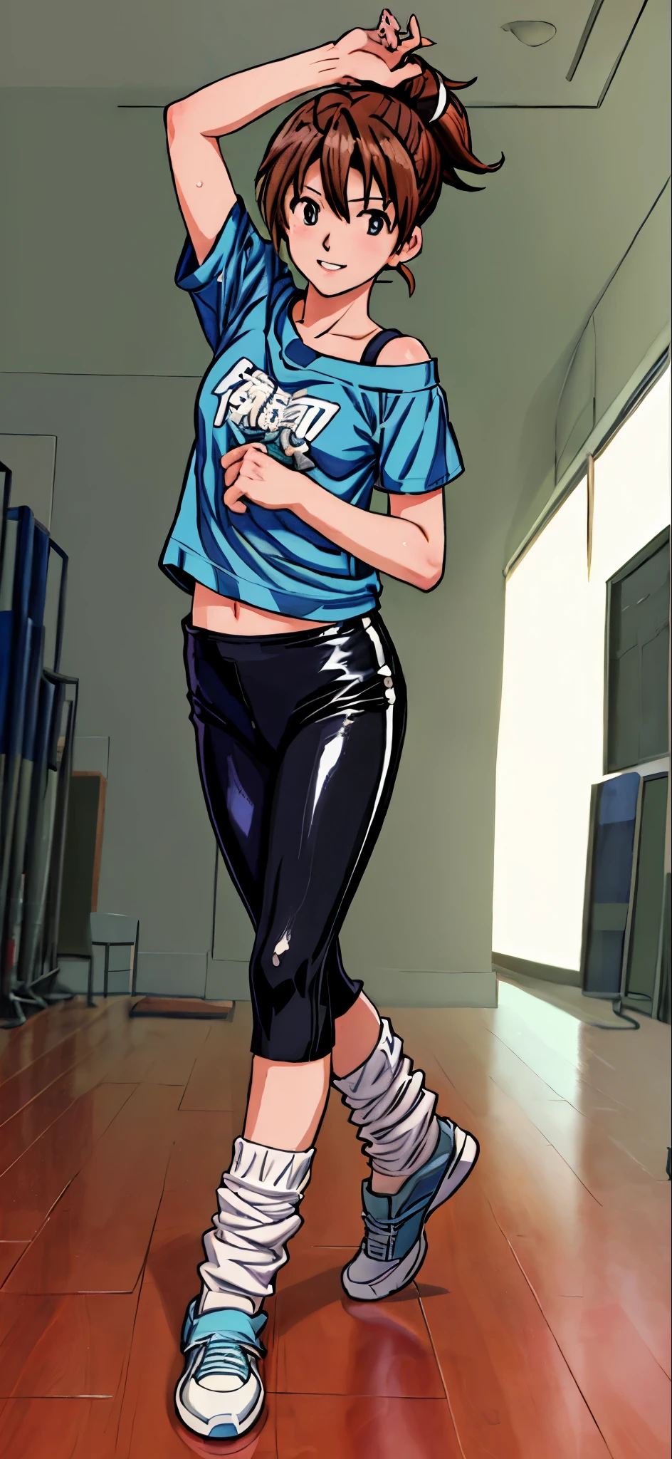 (highest quality,4K,8K,High resolution,table top:1.2), Super detailed, (realistic,photorealistic,photo-realistic:1.37), beautiful girl,((sweat)),((left arms up)),((jump)),,(grin and laugh),((caramel hair color)),((medium long hair)),((ponytail hairstyle)), ((messy hair)),((T-shirt and black leggings)), ((off-shoulder design T-shirt)),((dance in the gym)),((Blue Socks)),(sneakers),espadrilles,beautiful and detailed eyes, beautiful detailed lips, highly detailed eyes and face, long eyelashes, realistic anime 3D style, Smooth anime CG art, Digital rendering by Makoto Shinkai, Moe anime art style, photorealistic rendering of an anime girl, Shinkai Makoto style, Cute anime girl visuals, realistic young anime girl, girl fan art, Created by Anime Artist'studio of.