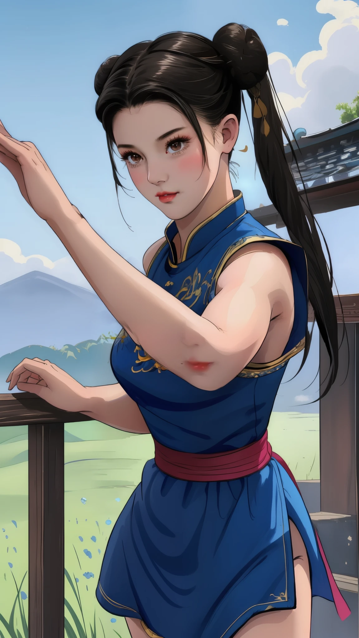 Paichang, Twin blades with blue ribbon, brown eyes, double bun,black hair, alone , Tai Chi stance, close,
Paiati,In a pink dress、, white panties、 No sleeve,
 blue sky, cloudy, evening, grassland, 
(Extremely detailed, beautiful detailed face, masterpiece, highest quality)   Close up of cartoon character with ponytail in field, portrait of Chunli, portrait of Chunli, Chunli, Chunli, Chunli, Inspired by Li Miki, Chunli at the gym, tifa lockhart portrait, highly detailed art germ, Kunoichi, Inspired by Zhu Lian, Inspired by Wu Li