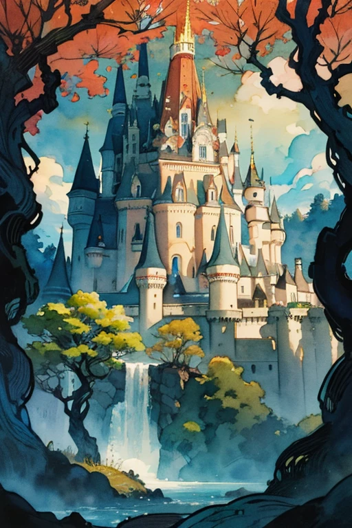 (Best Photo), (Watercolor), ((Matte)), (by Mucha), (Contorno Grosso), Fluid Lines, (High Resolution, Super Detail), a city built among the big black trees, castle in the trees, a majestic city seen from the front