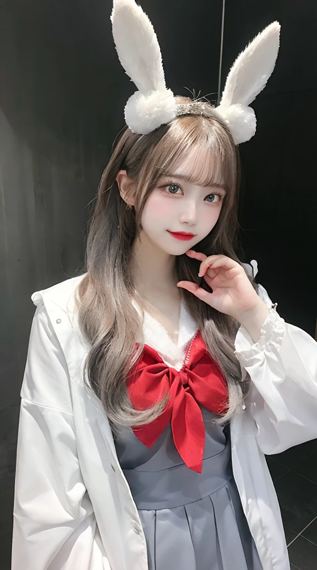 a white rabbit costume with hair in it, in the style of anime aesthetic, light silver and light gray, gongbi, beautiful women, aurorapunk, light amber and gray, light gray and gray