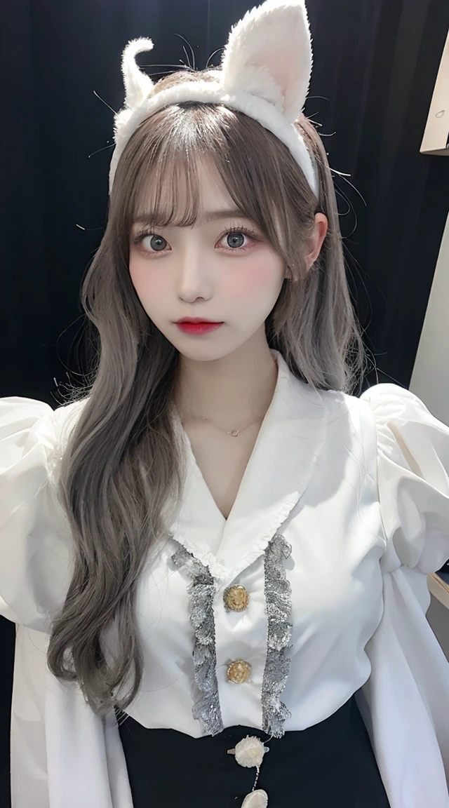 a white rabbit costume with hair in it, in the style of anime aesthetic, light silver and light gray, gongbi, beautiful women, aurorapunk, light amber and gray, light gray and gray