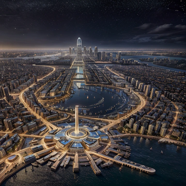 master piece, best quality, 8k, ultra-detailed, realistic,
professional lighting, realistic shadow, fine details, Golden ratio, high detail, Photorealism,
night, night view, beautiful light up,
town by the sea, multiple skyscrapers, future, 
Stylish,  beautiful starry sky, beautiful planet in the sky, 
originality