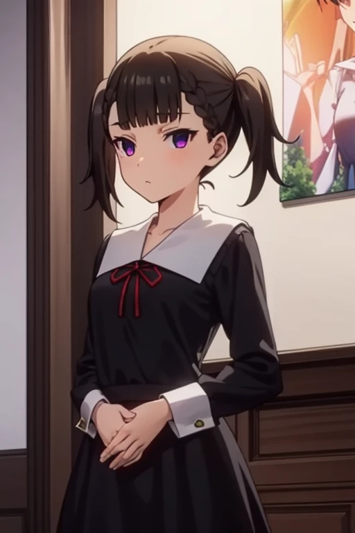makishijou, maki shijou, bangs, blunt bangs, (purple eyes:1.1), twintails, two side up, braid, short twintails,
BREAK long sleeves, dress, ribbon, , black dress, red ribbon, neck ribbon, collared dress, shuuchiin academy ,
BREAK outdoors,
BREAK looking at viewer, (cowboy shot:1.5),
BREAK (masterpiece:1.2), best quality, high resolution, unity 8k wallpaper, (illustration:0.8), (beautiful detailed eyes:1.6), extremely detailed face, perfect lighting, extremely detailed CG, (perfect hands, perfect anatomy),