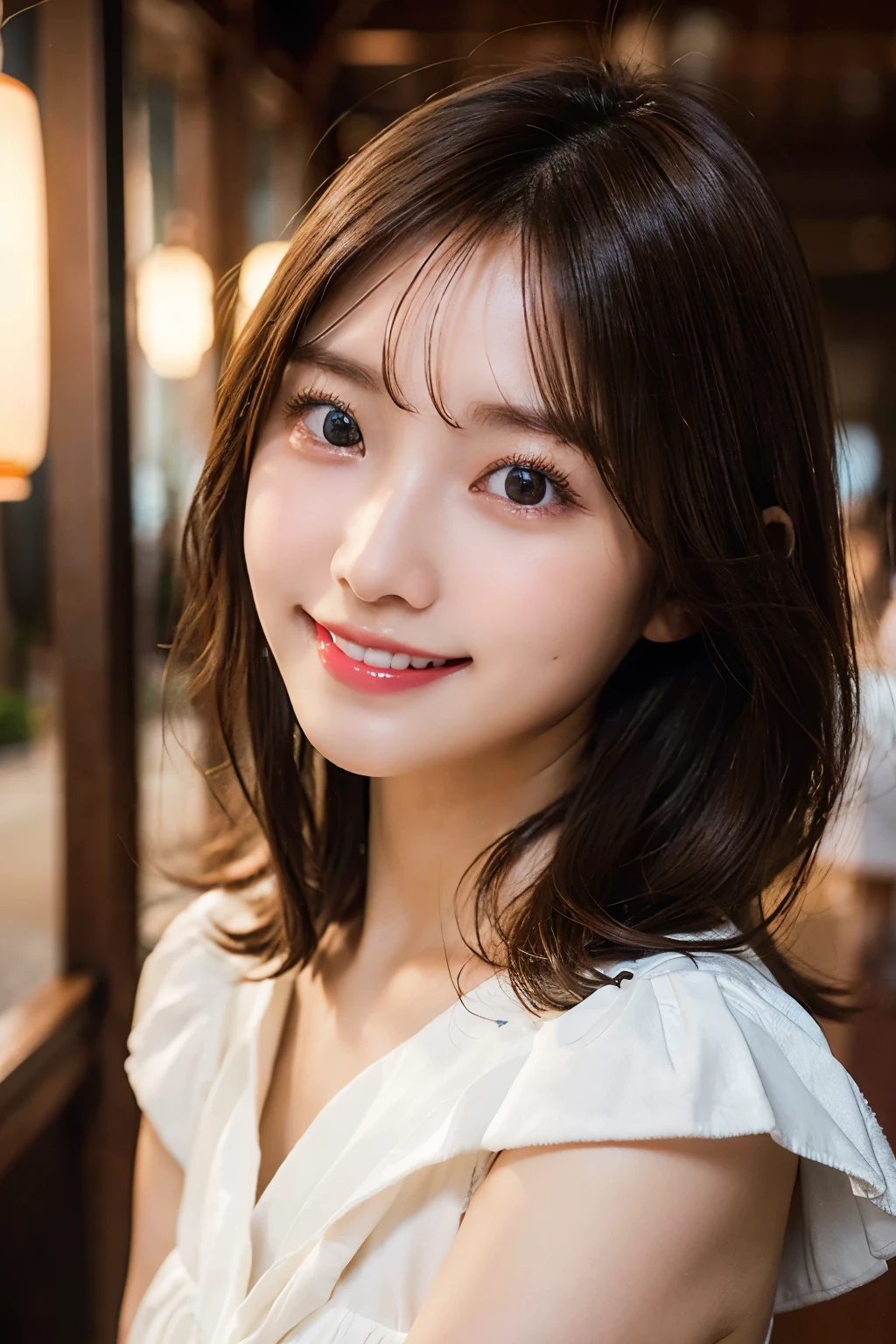 high quality,High resolution,In 4K), brown haired woman, young japanese woman,stylish white dress,bright colors, porcelain skin, Big eyes, Cute smile showing teeth, charming charm, At a resort, soft lighting, exquisite details,stylish black dress