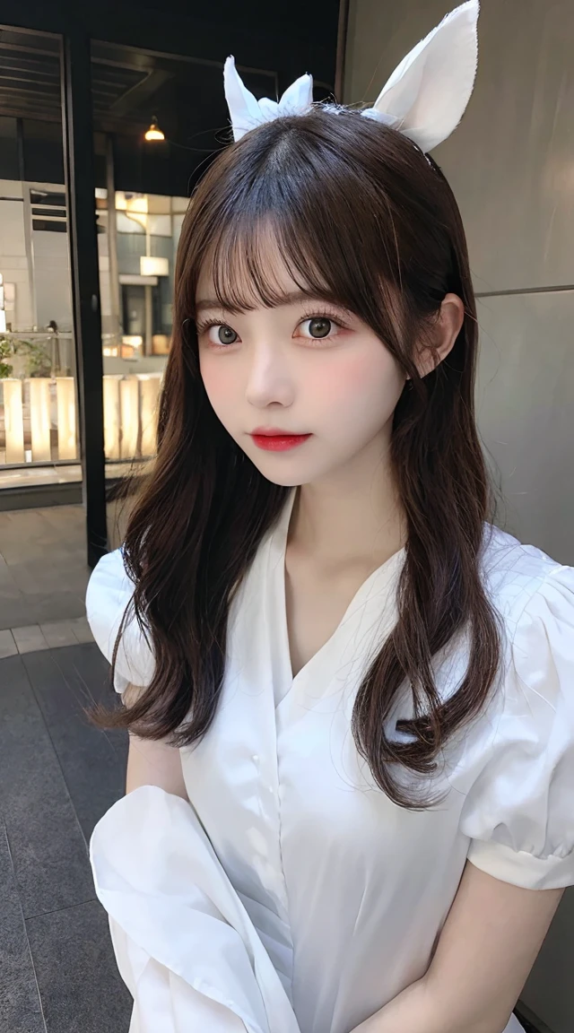 white rabbit costume for girls, in the style of anime aesthetic, qiu shengxian, matte photo, light gray and gray, miwa komatsu, beautiful women, silver and amber