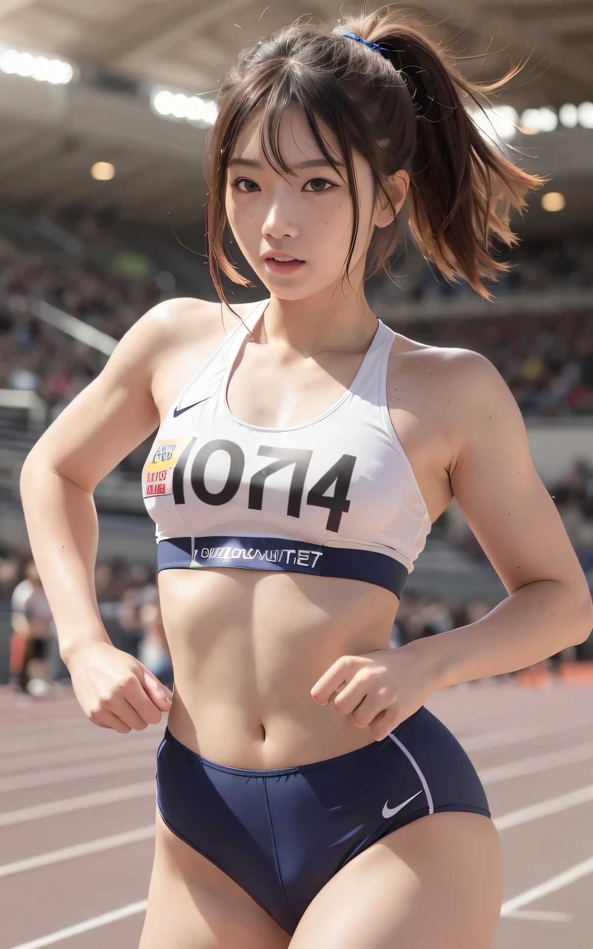 Unity 8K Wallpaper, Masterpiece, Best Quality, Ultra Detailed, Extremely Detailed CG, Ultra High Resolution, Caustics, Detailed, Beautiful Detailed Eyes, solo, woman, athletics stadium, smile, cowboy shot, Sweat, (running trunks:1.3, track and field athlete:1.3), sunburn, medium hair, dynamic pose
