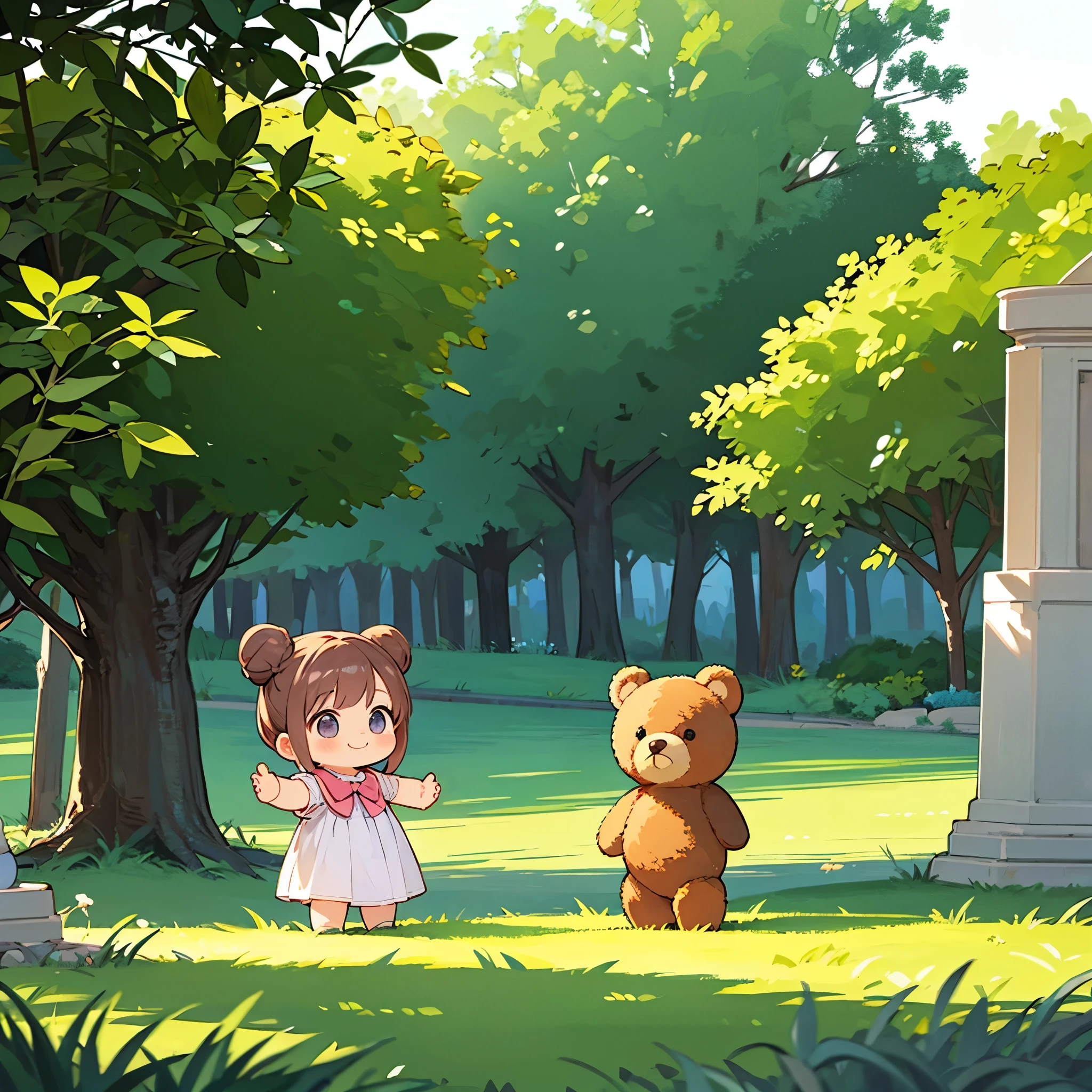 Photoreal、octane render、Morning park、Chibi girl dancing with teddy bear、girl has bun hair、smile