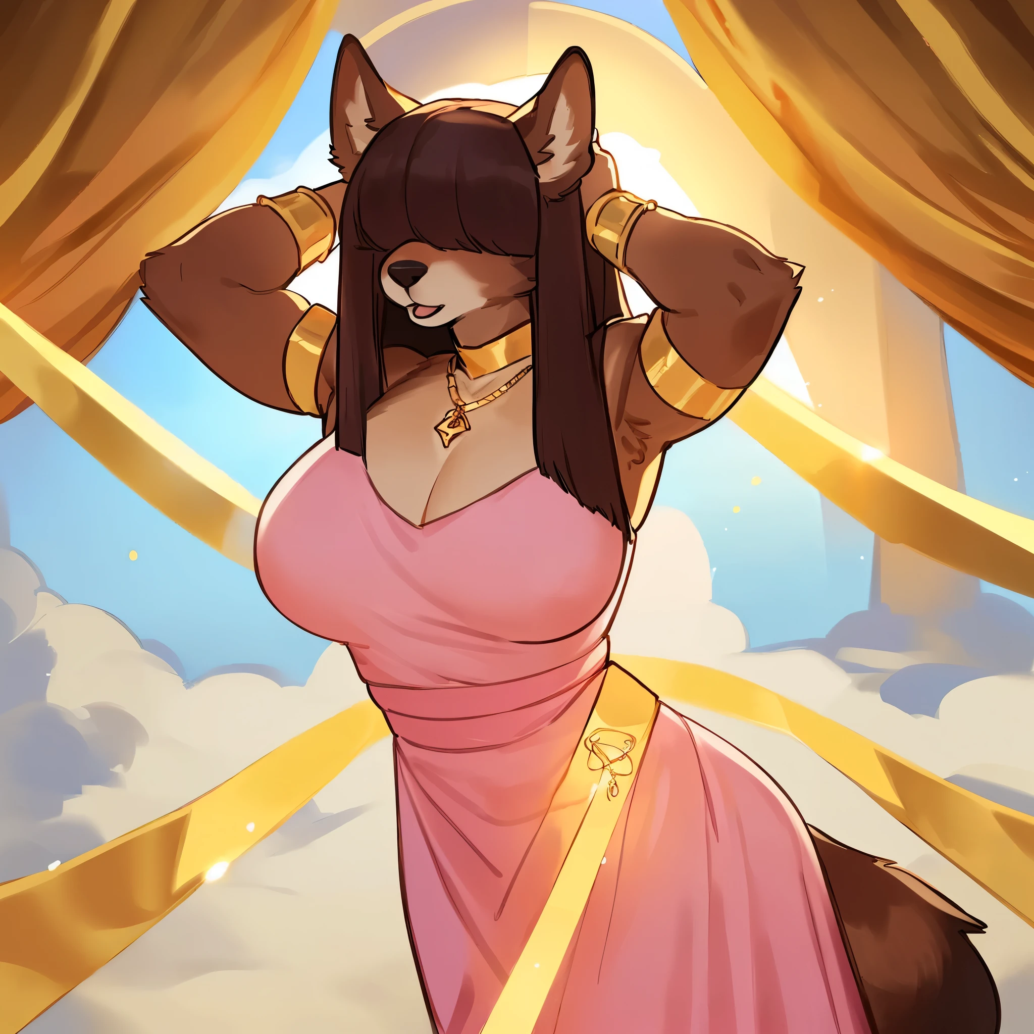 By bebebebebe, by lostgoose, by goonie-san, female, ((canine, snout, hair covering eyes, straight hair, medium hair, flat hair, ears, thin snout)), brown fur, big poofy tail, raised tail, dark maroon hair, ((muscular)), (big breasts), solo, standing, facing viewer, ((big flowy pink dress, golden jewelry, gold pendant, gold wristbands, golden crown)) sexy pose, hands behund head, blep, holy light, heaven, heavenly, clouds
