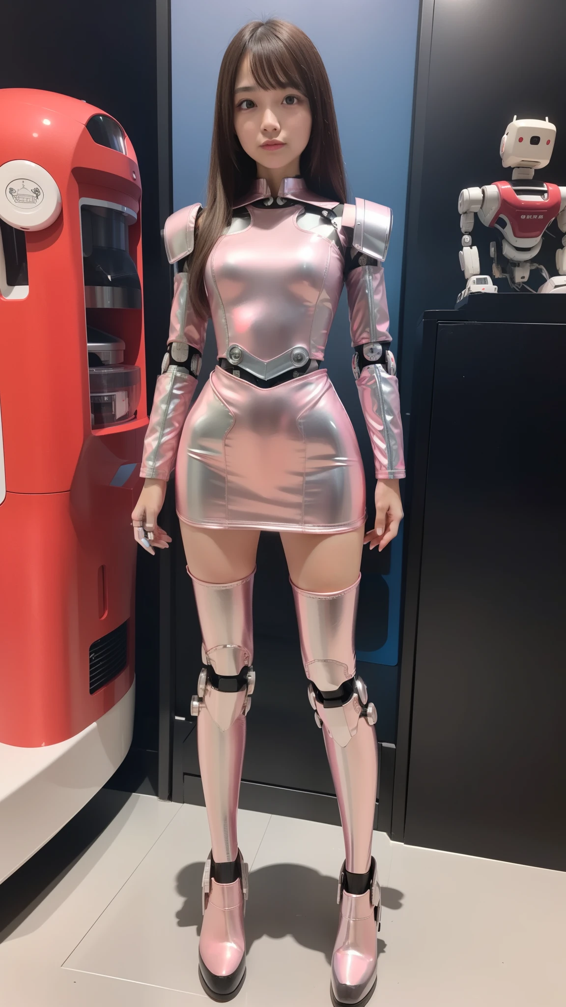 Robot Girl, pink there, Silver, Metallic body, Robot Parts, Metal Parts, Super Detailed Face, Super well-formed face, of the highest quality, a small face, a small head, Brown hair, Slender body, Camera gaze, Internal Mechanical Exposure, Idol, front facing, Well-proportioned body, sale, Exhibited, Event Hall, Moe Pose, pink metallic Lolita dress machine armor, Standing with legs open, Model body type, sad, Embarrassing,(Perfect Robot Girl),(Perfect machine body)