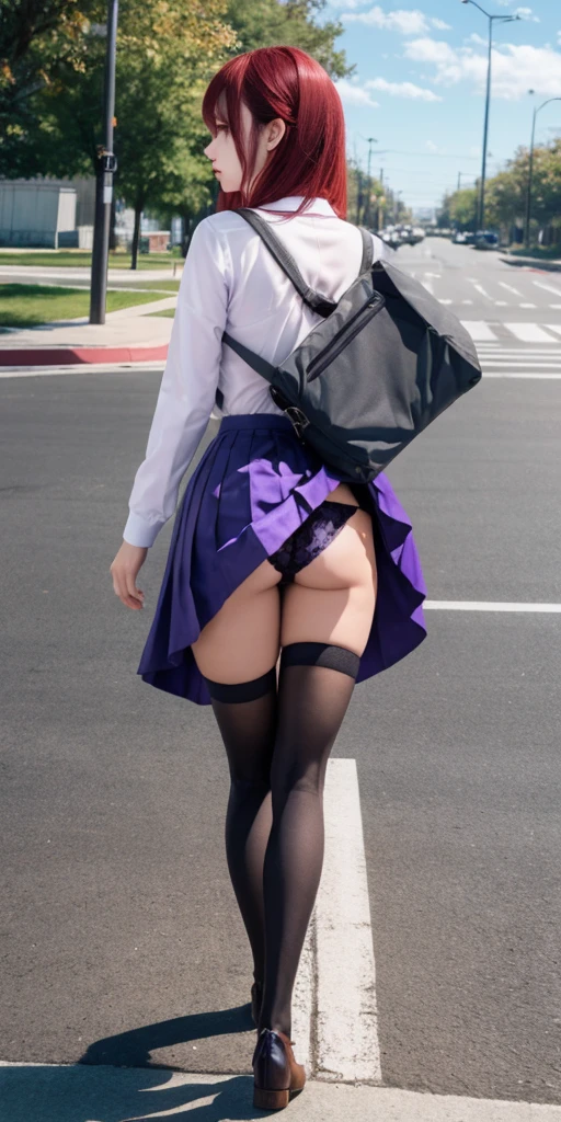 1girl, red hair, purple eyes, walking, from behind, accidental exposure, pleated skirt, panties, bag, thighhighs, wind blowing