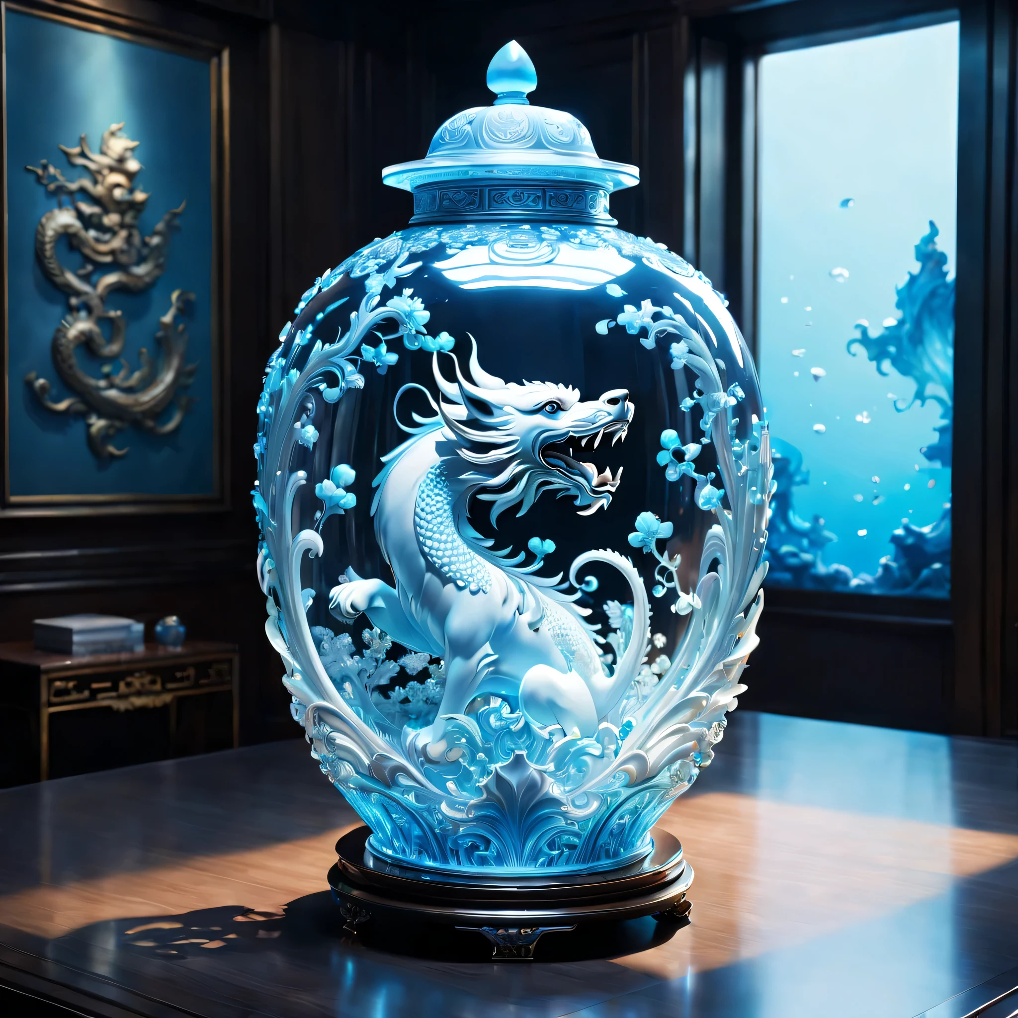 An oriental style vase is displayed in an empty room,There is a dragon dog inside, RococoStyle, Crystal nuclei, Realistic light depiction, interesting and complex, light blue, hidden academia, World pattern,The body of the vase is illuminated by light, RococoStyle, futuristic elements, Crystal nuclei, Chinese iconography, swirl, light blue, giant money sculpture, Futuristic fantasy style, light blue, An intricate underwater world, Realistic light depiction, clear colors, Crystal nuclei, Light cyan and white, An intricate underwater world风格, Crystal nuclei, chinapunk, swirl, light blue, Glowing portrait, light box,(best quality,4K,8k,high resolution,masterpiece:1.2),super detailed,(actual,realistically,lifelike:1.37),extremely detailed glass vase，There&#39;a dog on top,super detailedscp神器可以,Complex and gorgeous anime CGI style,Exquisite renderings of the Tang Dynasty,Better than Paul and James Ginn,complex artwork. Guilty car rendering,Complex 8K rendering,8k vray rendering,rendering art,filled with glass. Computer Graphics Association,High quality rendering