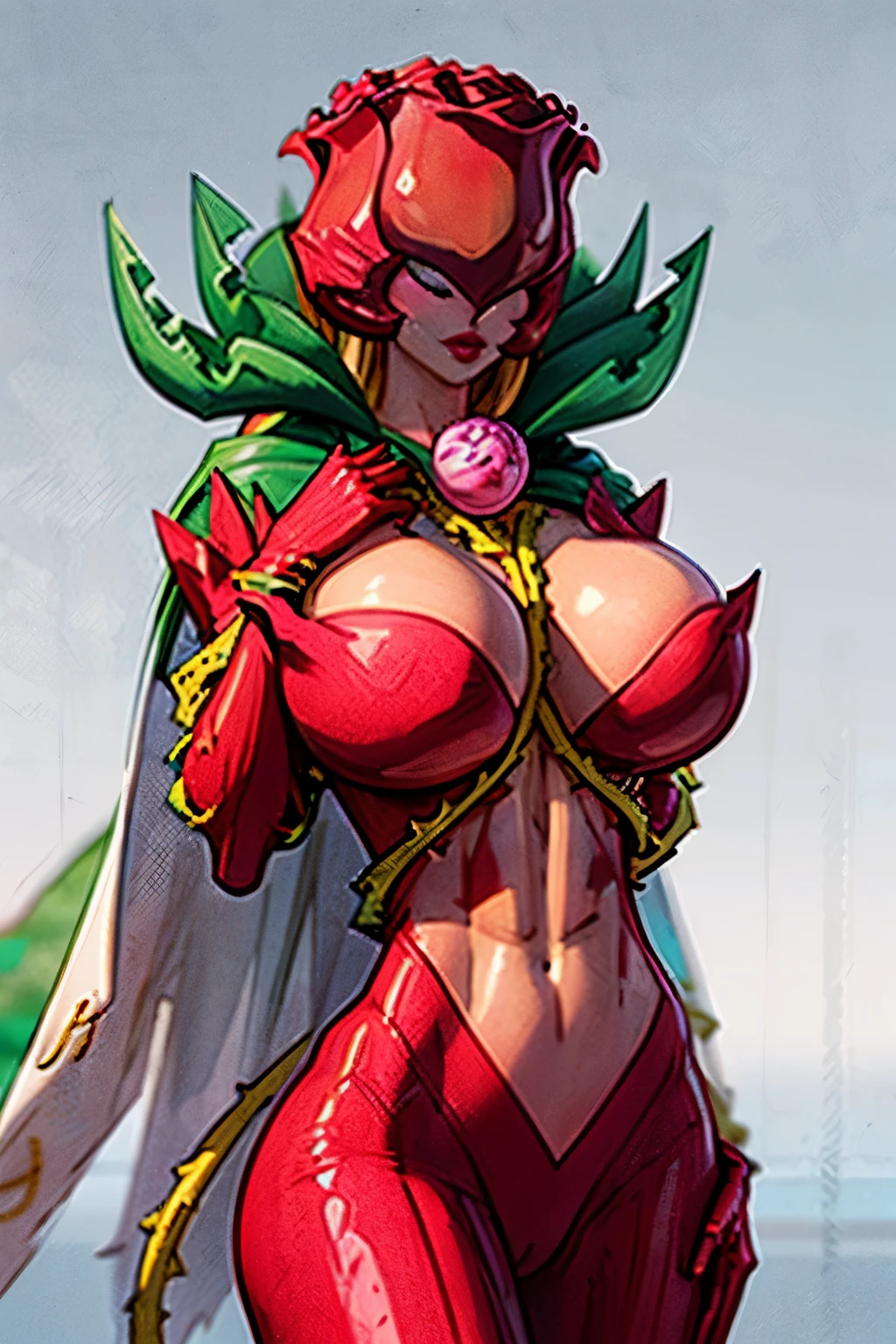 ANIME_rosemon_yugiho_ownwaifu, www.ownwaifu.com, digimon \(creature\), breasts, long hair, ((gigantic breasts:1.5)), lipstick, navel, makeup, covered eyes, monster girl, helmet, plant girl, colored skin, thighhighs, cleavage, petals, elbow gloves, ((slendered abs:1.6)), navel cutout, red flower, red gloves, bodysuit, mask, thorns, cape, gloves, vines, rose, flower, plant, 1girl, solo, facing viewer, looking at viewer, upper body, smile