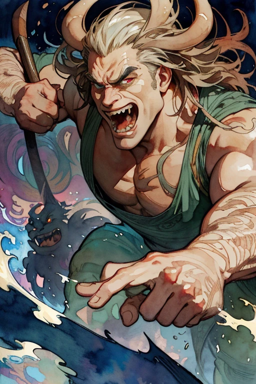 (Best Photo), (Watercolor), ((Matte)), (by Mucha), (Thick Outline), Fluid Lines, (High Resolution, Super Detail), a male Ogre, corpulent, opulent, cruel, flawed hair, eyes sinister, fangs coming out of the mouth, carrying an ax in hand, Dutch angle