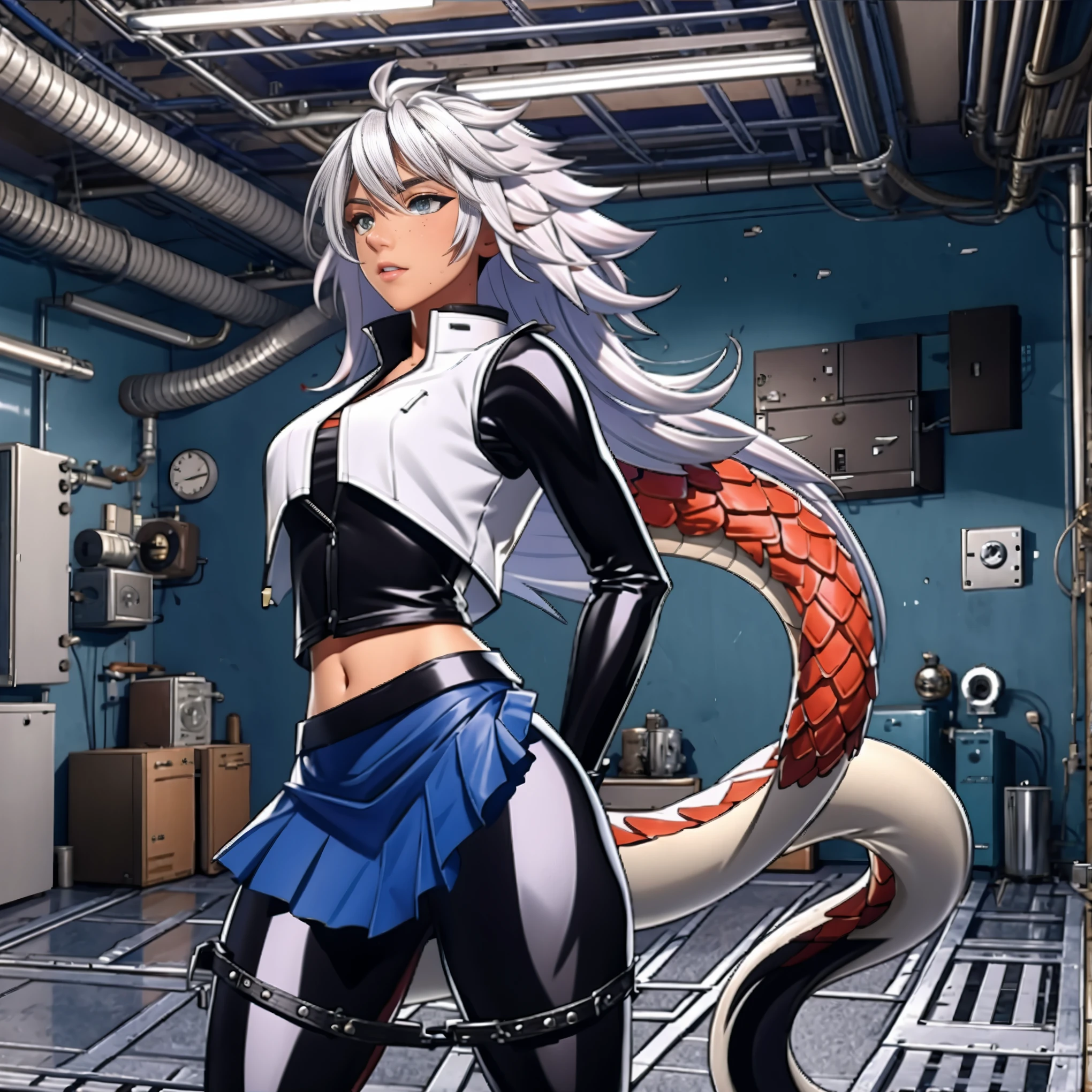 8k, resolution, high quality, high resolution, best quality, extremally detailed, best resolution, absurd resolution, ray tracing, high detailed, masterpiece, extremely detailed,shoulder length white hair, female,2 white wolf ears, teenage girl, slim body,white scale dragon tail, military boots,black leggings, navel blue school skirt, sailer shirt,black bullet proof vest,white jacket, medium size chest, detailed blue eyes, detailed beautiful face,solo female,1 dragon tail, detailed eyes, tomboyish, dragon tail, white scales,MP5