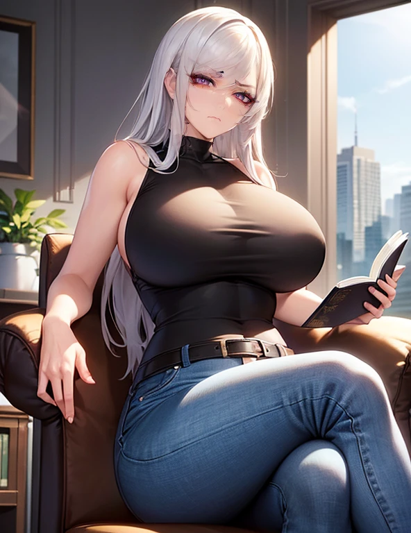 (Best quality, 4k, Masterpiece :1.3, 8k, ultra-detailed, ultra-masterpiece), mature pretty woman, ultra-detailed face, detailed lips, full lips, detailed eyes, double eyelid, wide hips, thick thighs, smooth skin, (big breasts:1.4), ((white hair)), ((red eyes)), ((thicc body)), tall, skinny jeans and a black leather jacket over a white tank top, (Reading a book in a room), sitting in a chair, reading a book in a room, background window with several buildings in the background