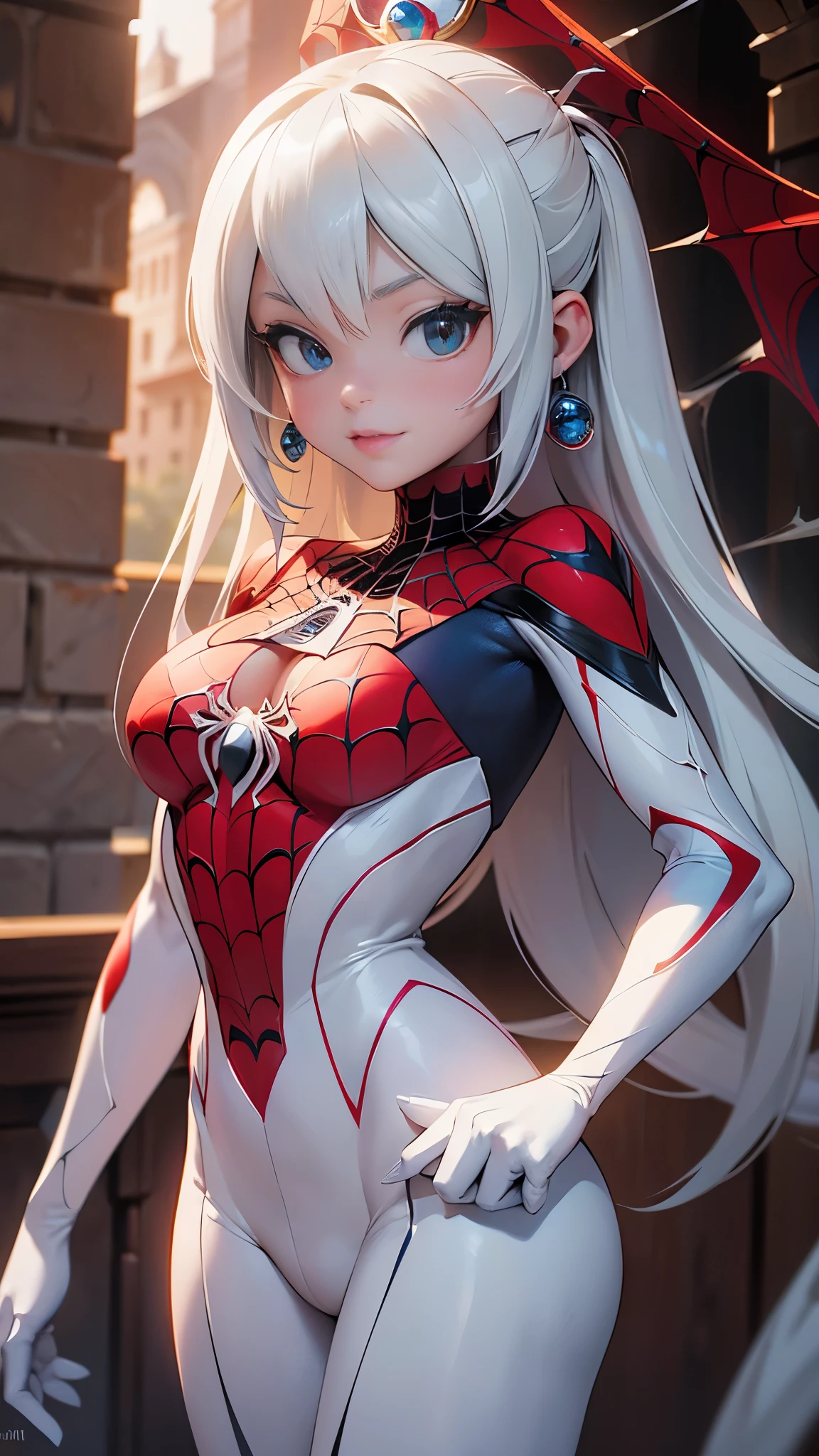 (La mejor calidad,A high resolution,Ultra - detallado,actual),Ariana Grande vestida con un disfraz de spider-girl violeta, (fondo cuarzo gigantes minerales:1.4) , More detailed 8K.motor irreal:1.4,UHD,La mejor calidad:1.4, fotorrealista:1.4, textura de la piel:1.4, obra maestra:1.8,obra-prima, mejor calidad,objeto Objeto], (detailed face features:1.3), (Ojos hermosos azules),, (background cobweb white the walls:1.4) , (spider-girl:1.4 ), (Traje blanco spider-man:1.4), (convexo, Dedos detallados )