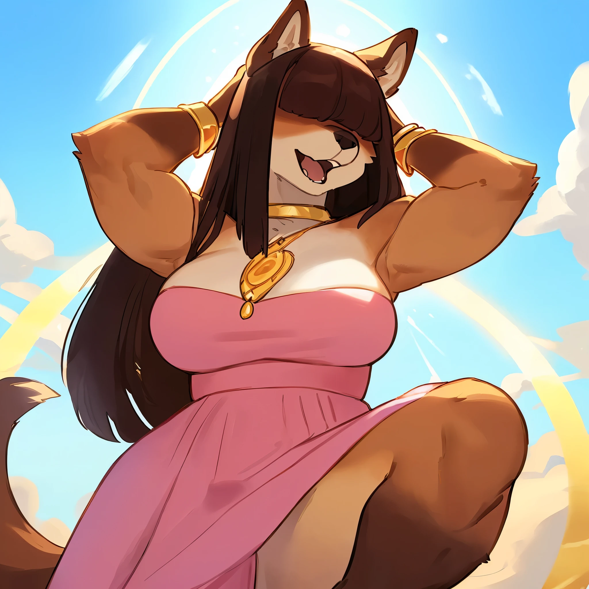 By bebebebebe, by lostgoose, by goonie-san, female, ((canine, snout, hair covering eyes, straight hair, medium hair, flat hair, ears, thin snout)), brown fur, big poofy tail, raised tail, dark maroon hair, ((muscular)), (big breasts), solo, standing, facing viewer, ((big flowy pink dress, golden jewelry, gold pendant, gold wristbands,)) smiling, open mouth, horny, (((holy light, heaven, heavenly, in the clouds))), squatting, hands behind head