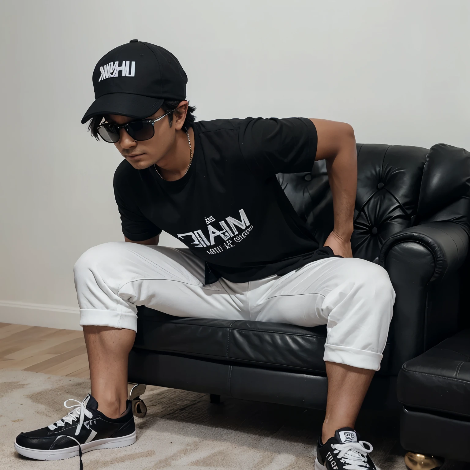 Create a 3d illusion for a Instagram profile picture where a boy in a black shirt sist casually on a wingback chair wearing sneakers , a black cricket cap and sunglasses. He looks ahead the background features "DESHU" in big and capital white fonts on the Balck wall there